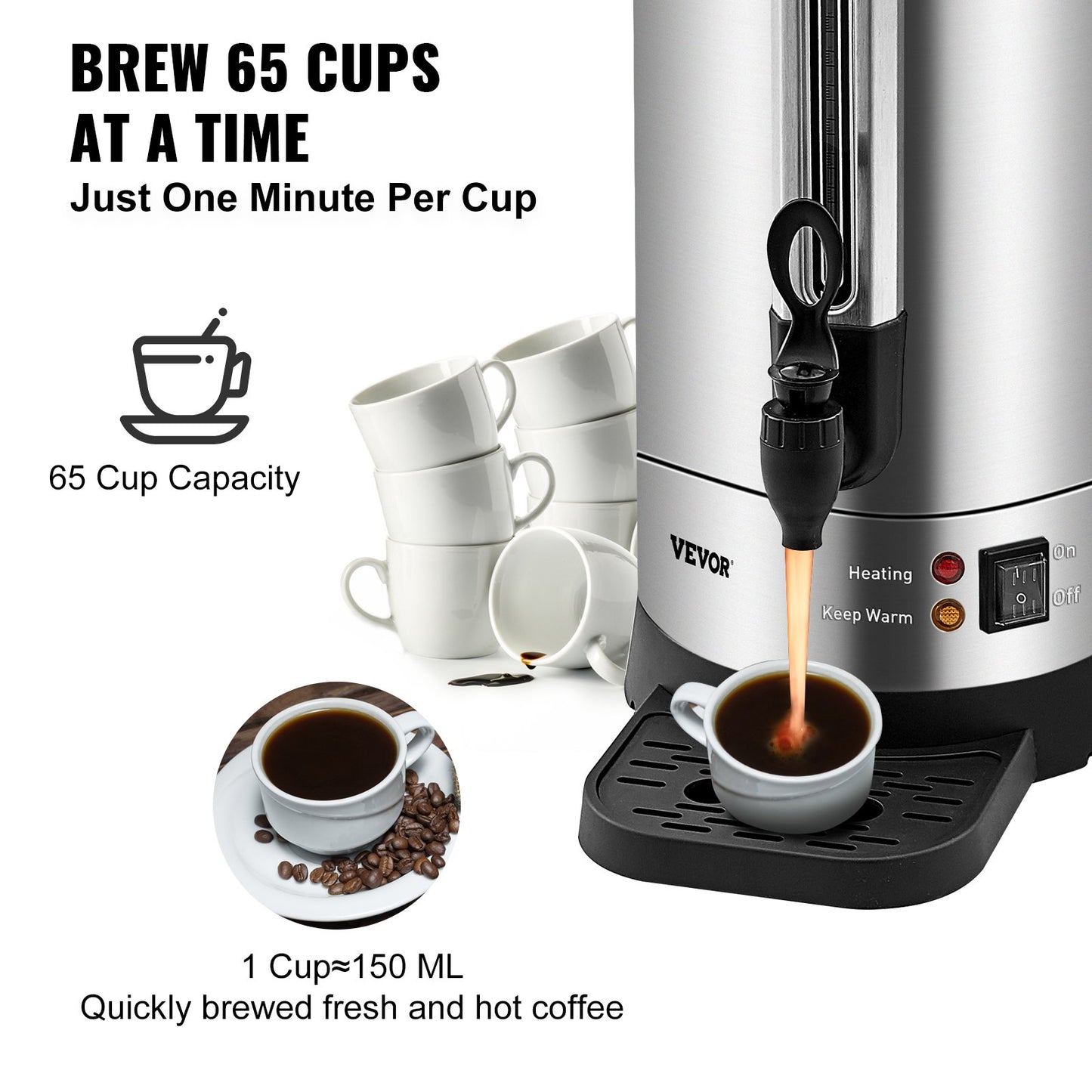 Commercial Coffee Urn 65 Cup Stainless Steel Coffee Dispenser Fast Brew