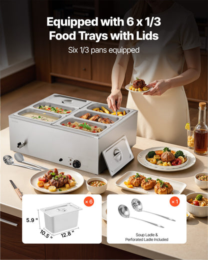 Commercial Food Warmer 6-Pan 1500W Countertop Buffet Bain Marie With Lid