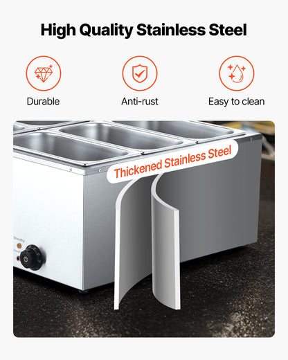 Commercial Food Warmer 6-Pan 1500W Countertop Buffet Bain Marie With Lid