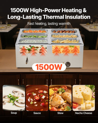 Commercial Food Warmer 6-Pan 1500W Countertop Buffet Bain Marie With Lid