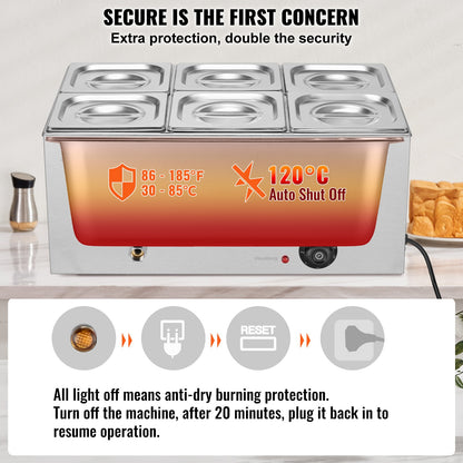 Commercial Electric Food Warmer 6-Pan Countertop Buffet 14.3QT Bain Marie