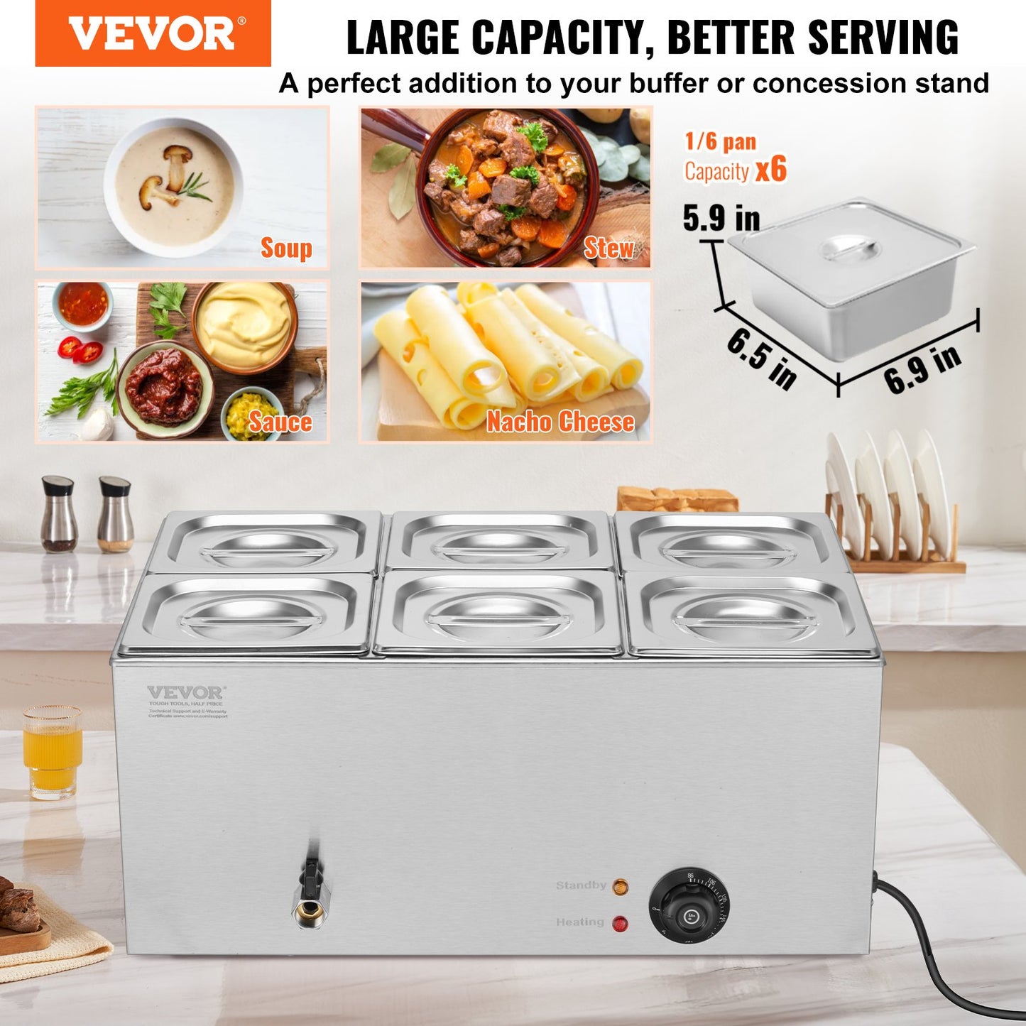 Commercial Electric Food Warmer 6-Pan Countertop Buffet 14.3QT Bain Marie